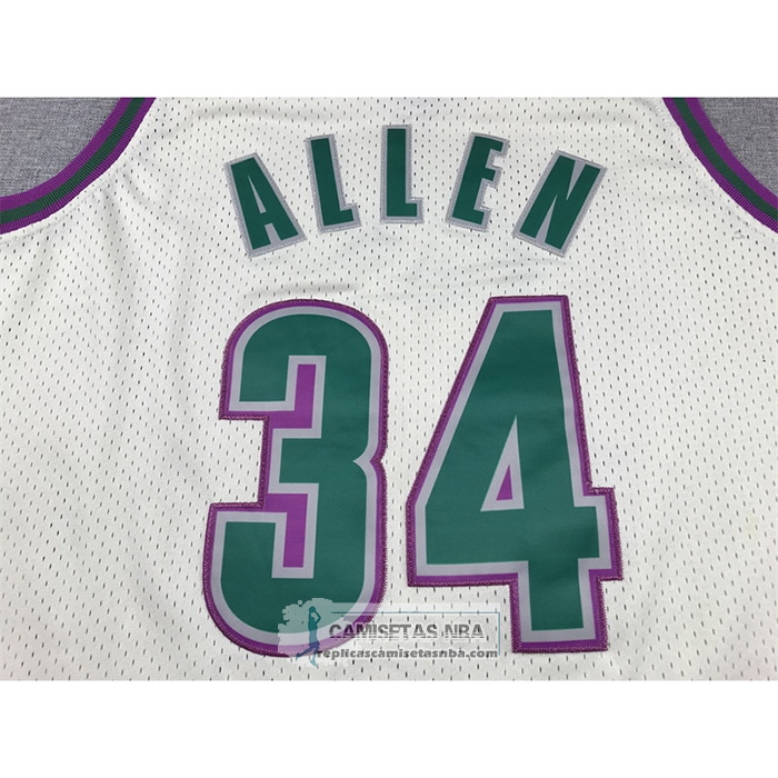 Camiseta Milwaukee Bucks Ray Allen NO 34 Mitchell & Ness Chainstitch Crema